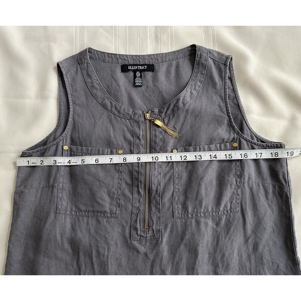 Ellen Tracy 100% Linen Top Size S Gray Gold Zip Tunic Tank - Picture 9 of 14